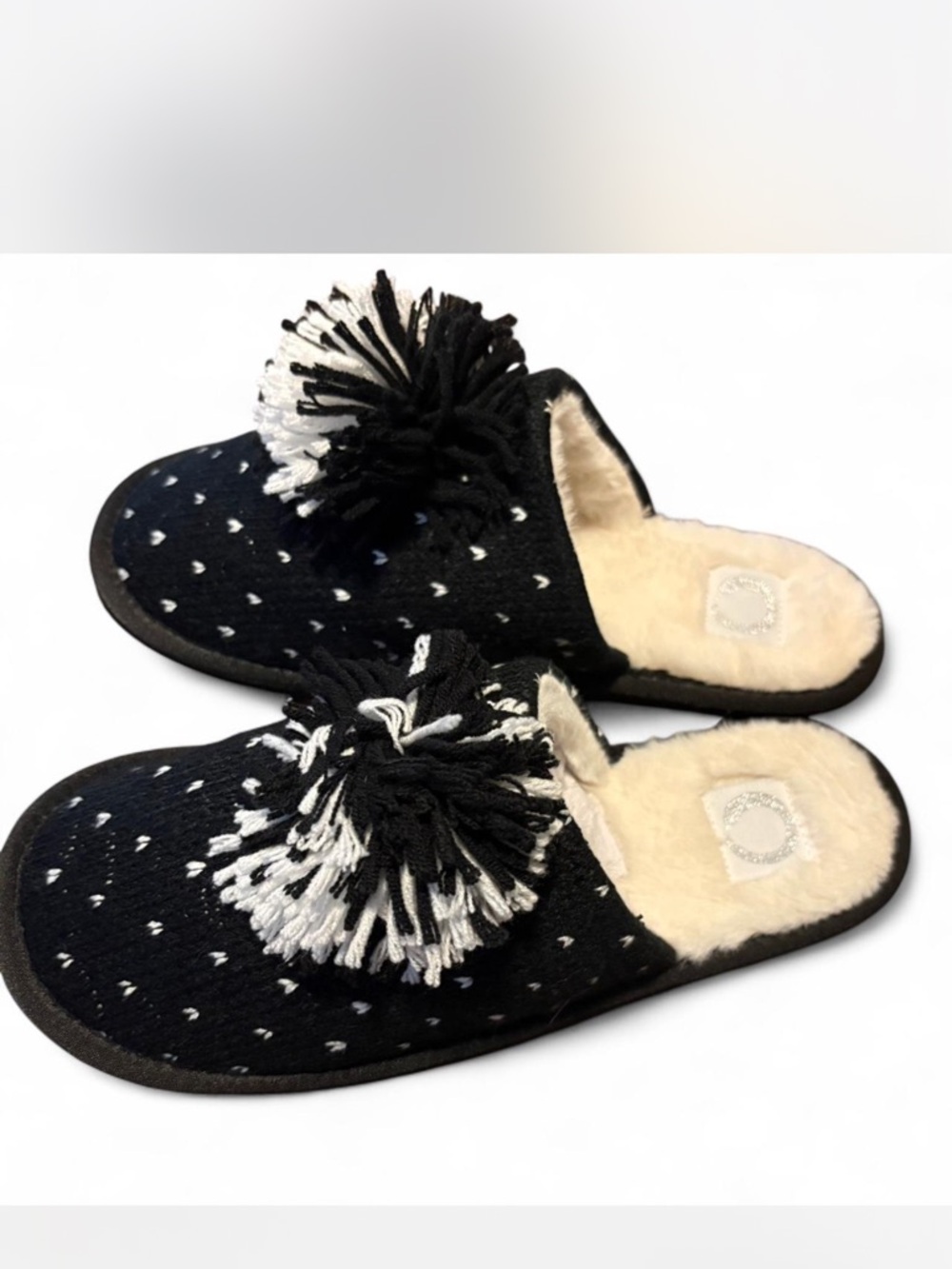 Journee Collection Stardust cozy Black & Cream Pom Pom Slipper Mules